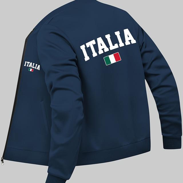 TEMU Men' Italian Flag Print Jacket - Red Casual Outdoor Coat With Zipper Pockets, Stand Collar, And Long Sleeves For Fall And Winter, Casual Outerwear | Casual Sporty Jacket | Ribbed Cuffs Jacket