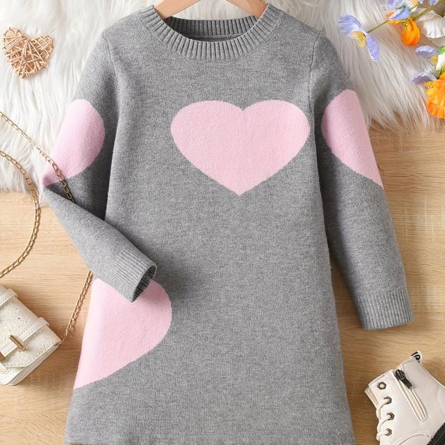 TEMU Girls' Dress For Spring And Autumn, Medium To Large Size, Heart Pattern Knit Dress, Stylish Children's Casual Sweater Dress