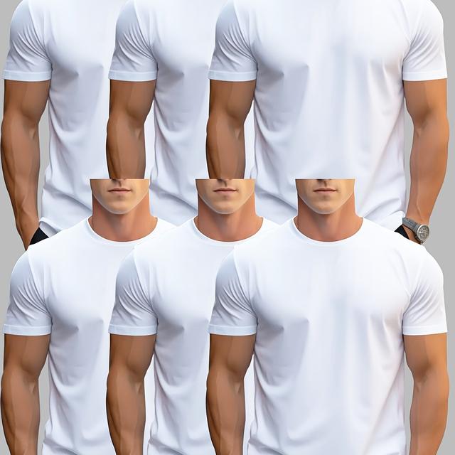 TEMU 남성용 6팩 단색 빠른 건조 통기성 티셔츠, 크루 넥 반팔 여름 스포츠 탑, 가벼우면서 편안한 체육관 및 훈련용 의류, 100% 폴리에스터, 정규핏, 브레드 디테일이 있는 니트 소재