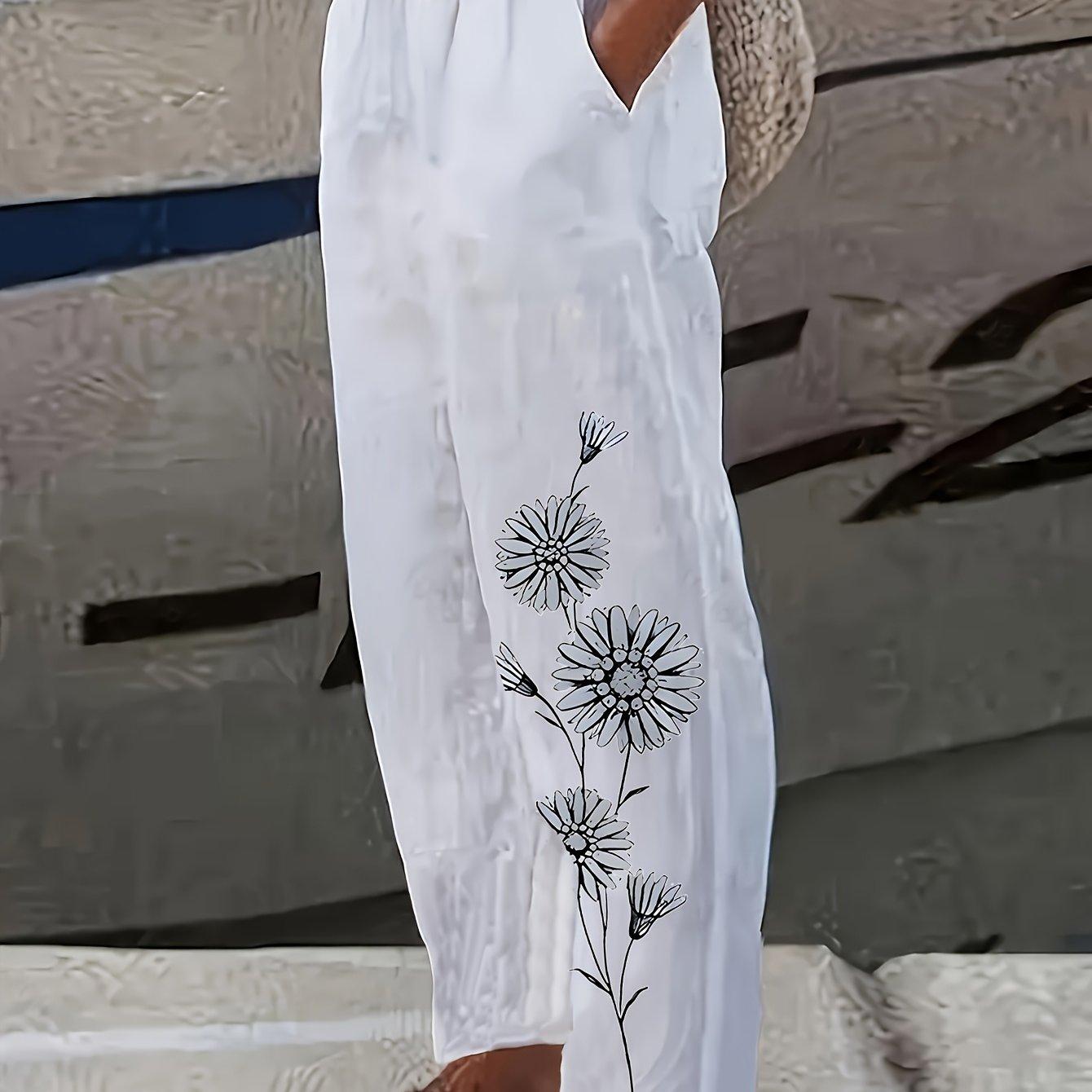 TEMU Pantalones de mujer elegantes y casuales de pierna recta con estampado floral - Aptos para todas , lavables a máquina, ajuste holgado y , diseño , tela transpirable, para viajes