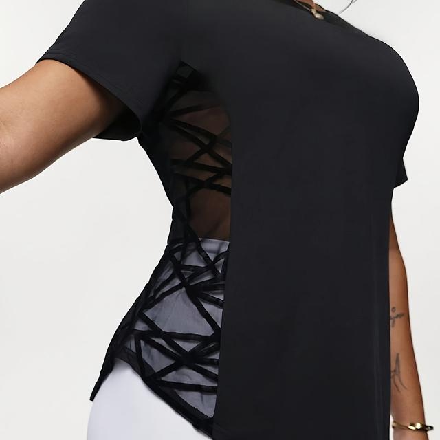 TEMU A Single Piece Of Large-sized Women's Casual Sports T-shirt With Geometric Mesh Stitching, Quick-drying And Breathable, Suitable For Exercise, Fitness, And Yoga