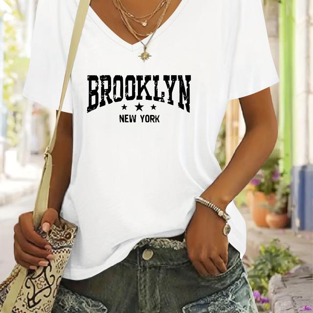 TEMU Women's Casual V-neck T-shirt With Brooklyn Design - Short Sleeve, White, Artistic English Lettering, , Everyday Tshirt | Top | Construction