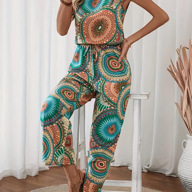 TEMU Elegant Mandala Print Sleeveless Jumpsuit For Women - Wide Leg, Tie-waist Design With Round Neck, Vacations