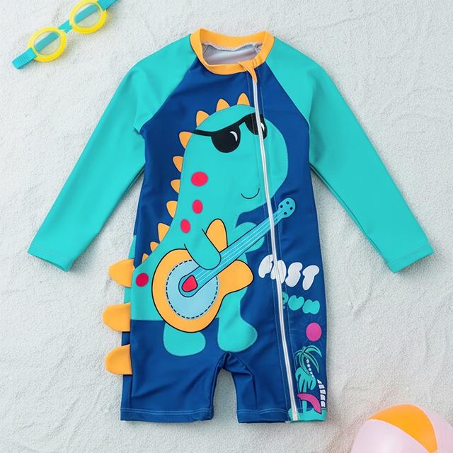 TEMU Baby Boys' Long-sleeve Dinosaur Romper Swimsuit, Cute Cartoon Zip-up Swimwear For Spring/summer Beach Vacation, Casual Pool Party, And Holiday