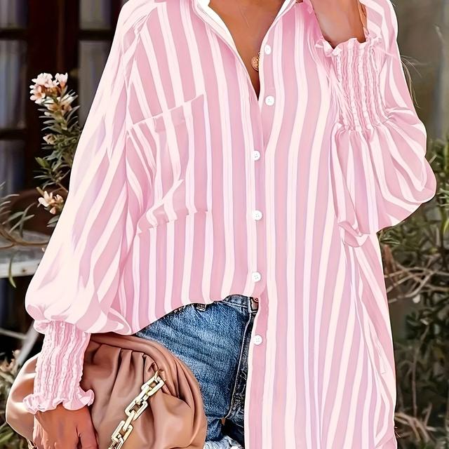 TEMU Women's Elegant Long Sleeve Striped Shirt - , Button-up Collar Top, Machine Washable Non-see-through Fabric For Beach Vacations & Casual , Beach Clothes