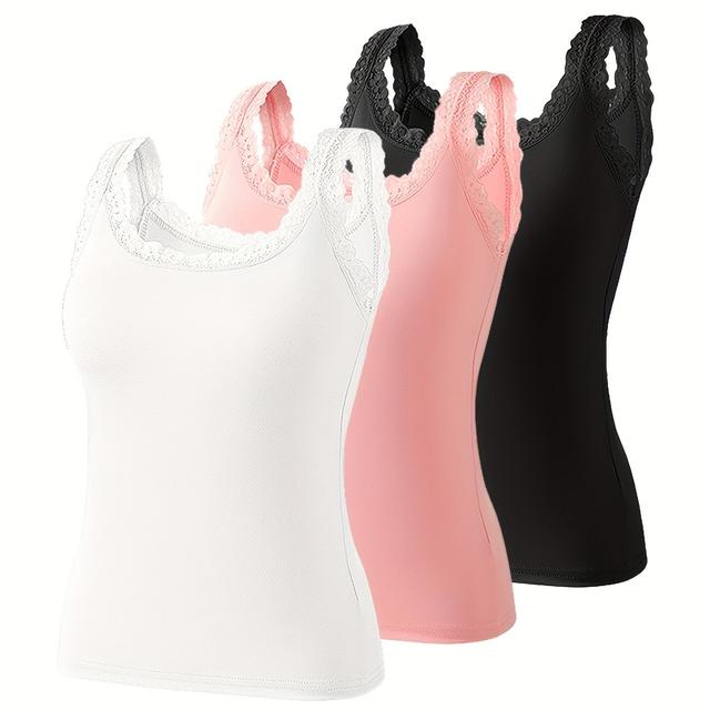 TEMU 3pcs Lace Trim Camisole Solid Color Casual Base Thin Pajamas Home White Pink