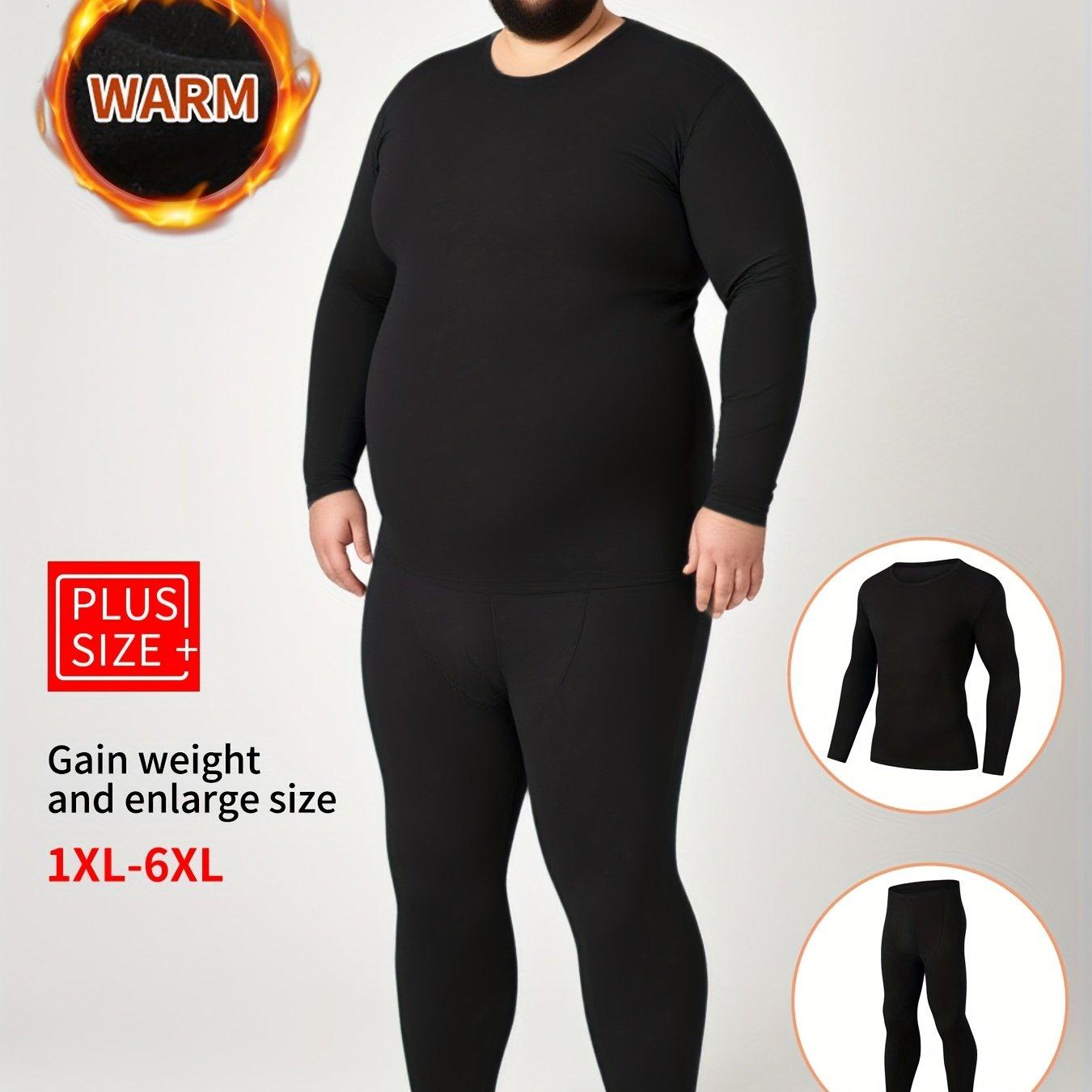 TEMU Plus Size 2pcs Men's Thermal Underwear Set Long Sleeve T-shirt + Pants Autumn Winter Warm Casual Clothing Base Layer Sweatshirt Top Pants, Plus Size