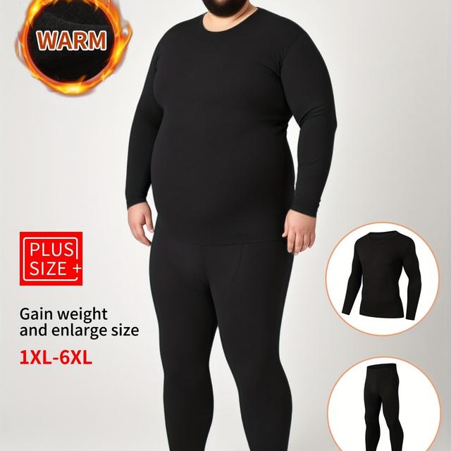 TEMU Plus Size 2pcs Men's Thermal Underwear Set Long Sleeve T-shirt + Pants Autumn Winter Warm Casual Clothing Base Layer Sweatshirt Top Pants, Plus Size