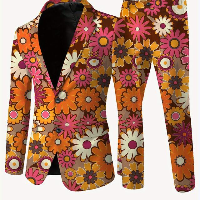 TEMU Men's Casual Floral Print Suit - Relaxed Fit, Long Sleeve Blazer & Pants With Vibrant Daisy & Sunflower Design, Wear, Casual Attire|floral Pattern Blazer|stretchy Fabric