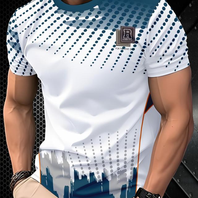 TEMU Men's Casual Athletic T-shirt - Breathable Polyester, Regular Fit, Stylish Round Neck With Polka , Lightweight & , Summer Workouts & Casual Attire, Workout Shirts