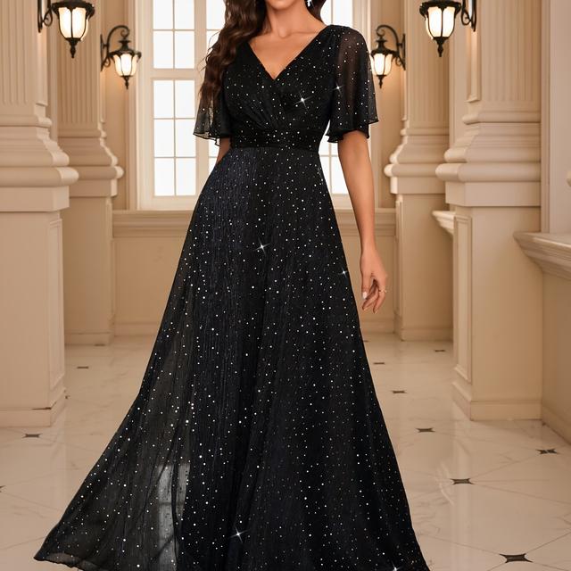 TEMU 우아한 V넥 드레이프 러플 소매 허리 슬림핏 주름 장식의 화려한 플레어핏 단색 롱 이브닝 가운 드레스