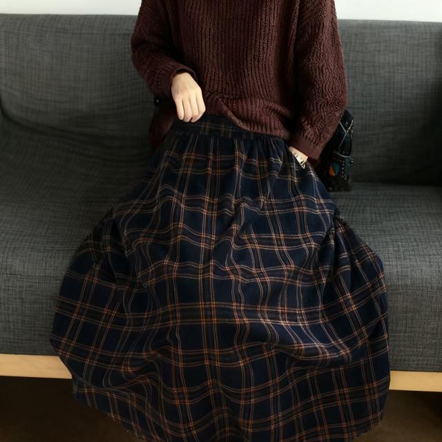 TEMU Nueva Falda Midi de Cuadros para Otoño, Estilo Artístico Acampanado en Azul y . Elegante, Holgada, , de Tiro . Corte A. Ideal para a Día, Compras de , Visitas a Librerías y Ocasiones Informales
