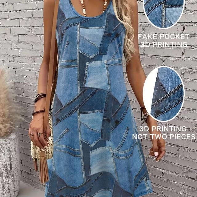TEMU 2d Fashion Easy Abstract Painting Color Block Stitching All Graphic Breathable Round Neck Tank Vest Dress Summer New Women's Casual Skirt Elegant Holiday Women's Top A-line Mid-length Dress