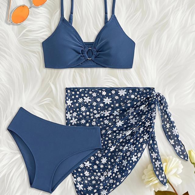 TEMU Mädchen Rundkettchen Bikini 3-teiliges Set mit Blumenmuster Strandrock Passendes Outfit Sommer Strandurlaub Bademode