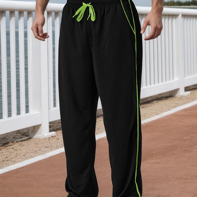 TEMU Men's Black Sporty Joggers With Orange Drawstring - Breathable, Stretchy Fabric, , Casual Outdoor Wear, Casual Sportswear | Relaxed Fit Pants | Elastic Waistband