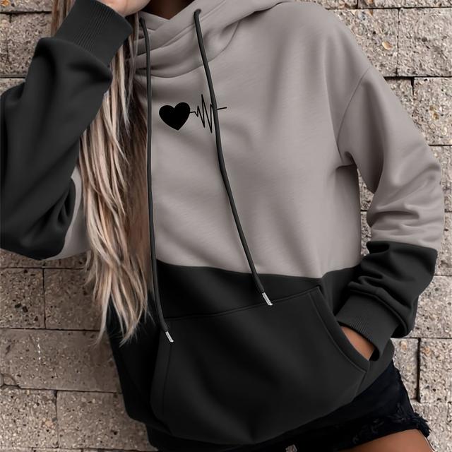 TEMU Farbblock-Kapuzenpullover für Damen mit Herz- & Buchstabendruck - 100% Polyester, Lässige Passform, Maschinenwaschbar, Herbst-Wintermode