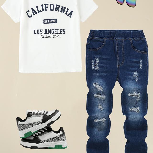 TEMU Conjunto de 2 peças para rapazes, conjunto de jeans versátil e moderno, para exterior