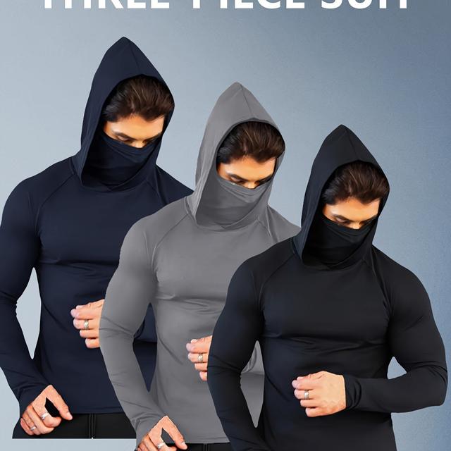 TEMU []3pcs Men's Quick-dry Windproof Hoodie With Mask - Lightweight, High-elastic Compression Sportswear, Suitable For Outdoor Activities, Running, And Fitness