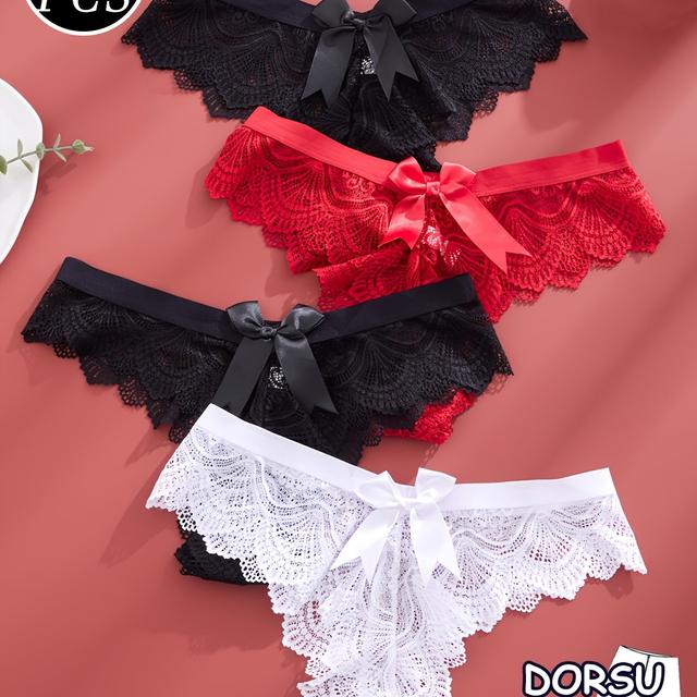 TEMU DORSU 4pcs String en Dentelle Grande Taille avec Détail Nœud - Sexy, Respirants & Confortables, Culottes Basses pour Femmes
