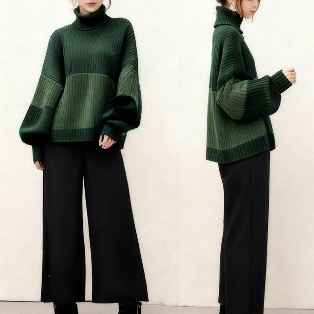 TEMU 【YHai 2025年秋の新作セット】ハイネックランタンスリーブトップス＋ドワイドレッグパンツ | ゴムウエスト | おしゃれなカラーマッチング | トなデザイン | トで自信のある女性に最適