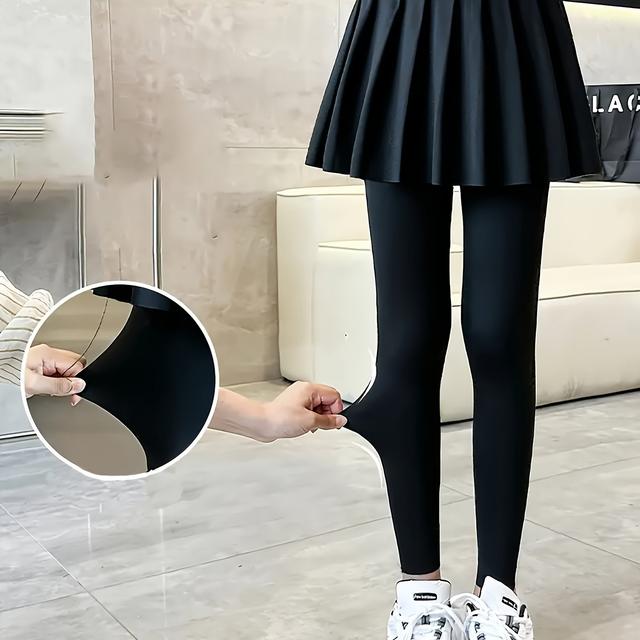 TEMU Girls' Two-piece Pleated Skirt And Leggings Set - Black Stretchy Yoga Pants With White Sneakers, Spring And Fall, Yoga Pants For Girls