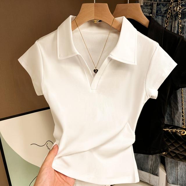 TEMU 【夏の女装】ジャパニーズミニマリズム バランス感ポロシャツ｜ポロカラー ×V ノッチ トでレ感ある｜高支綿混紡 肌触り優しく通学・通勤・カジュアル全用途｜白 × 黒 2 色展開 S-XL サイズ