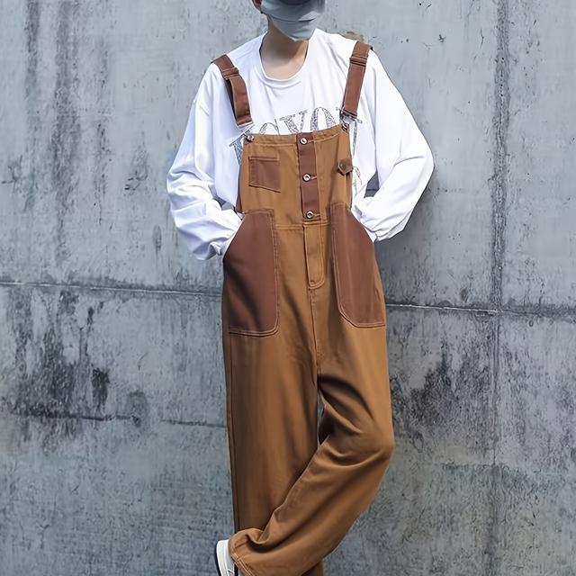 TEMU 春/秋用 メンズ デニム サスペンダーパンツ ルーズ カジュアル ワークウェア (ボタンなし、自分で留める必要あり)