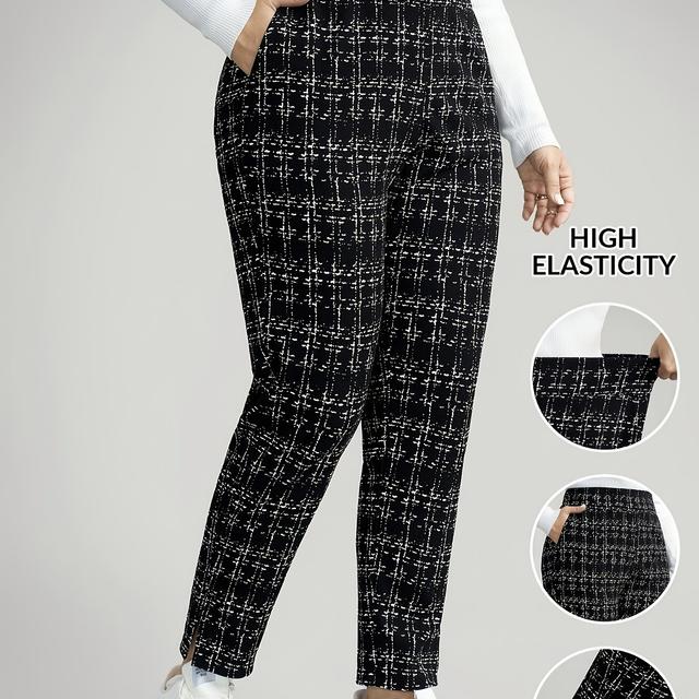 TEMU Plus Size - Plus Size - Plus Size Women's Plaid Pants With Pockets | High Stretch, Tapered Fit, Side Split, Elegant Casual Wear For All
