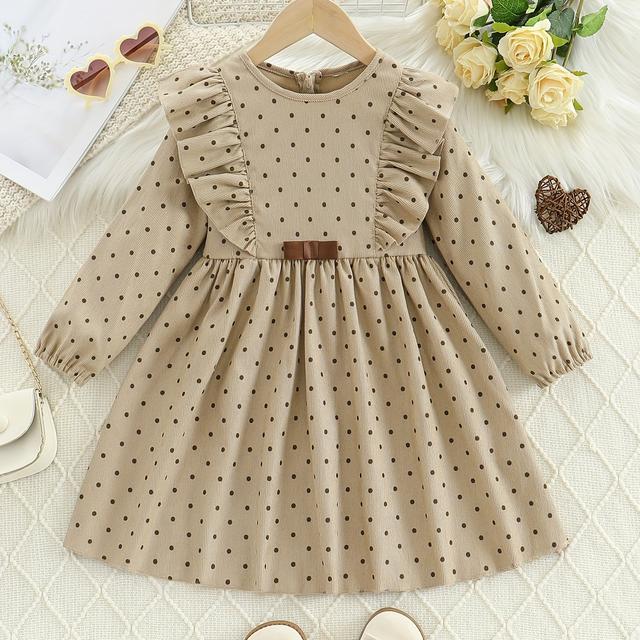 TEMU Girls' Fashionable Round Neck Small Flying Sleeves Polka Dot Print Long Sleeve Fluffy Skirt Knee-length Spring, Summer And Autumn Casual Dress