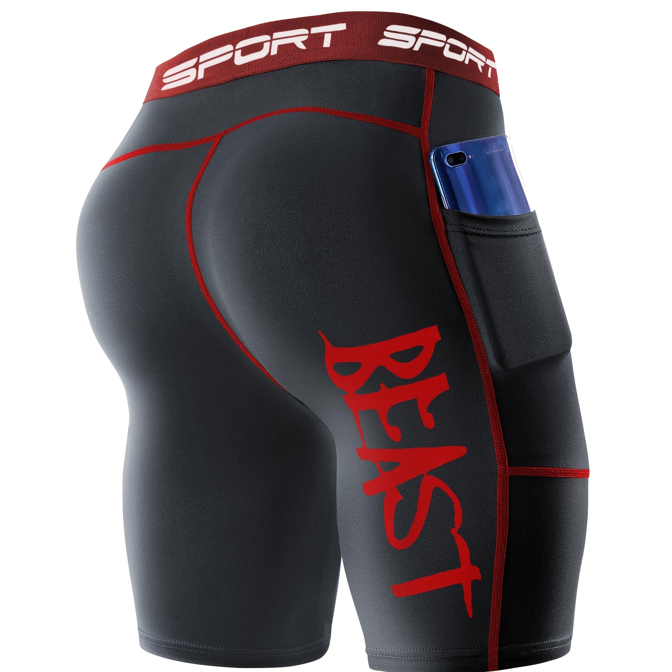 TEMU Shorts deportivos de compresión para hombre con cinturón con hilos, bolsillos - Aptos para entrenamiento al aire libre, ciclismo, correr - Tejido de poliéster, estilo deportivo