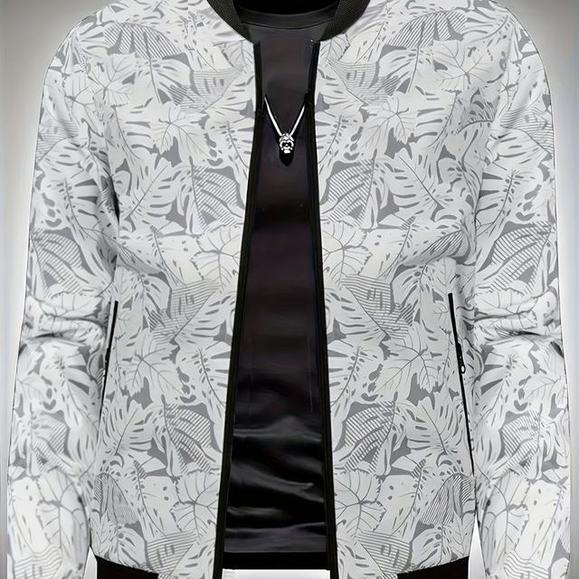 TEMU Men's Casual With Floral Print - Long Sleeve, Zipper Closure, Baseball Collar, Pockets, Polyester Lining, Wear, Casual , Casual Outerwear | Floral Print Jacket | Zippered Jacket