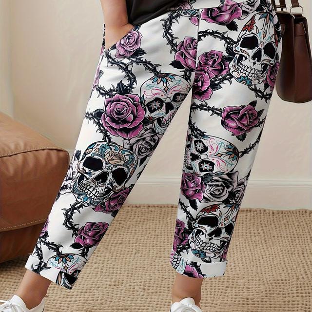 TEMU Plus Size Skull & Floral Print Pants, Casual Pants With Pocket For Spring, Women's Plus Size Clothing Halloween