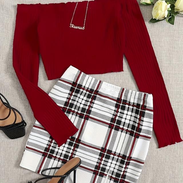 TEMU Solid Color Casual Shirt With Off-shoulder Top And Plaid Print Skirt Set