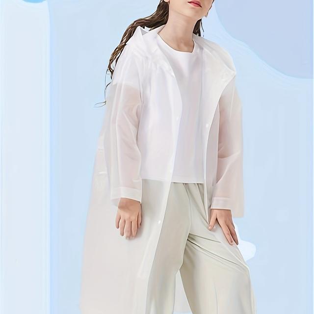 TEMU Basic Reusable Raincoat For Girls Boys - Eva Durable Material Lightweight Convenient Plain Color Transparent Versatile Hooded Poncho For Hiking & Outdoor Activities