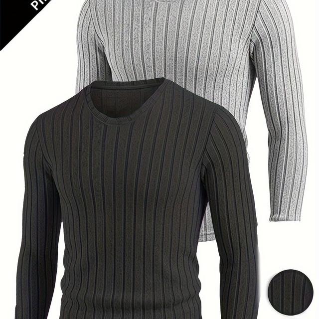 TEMU Conjunto de 2 Peças de Camisetas de com Redonda e Estampa Vertical Texturizada para Homens, Casual e , para Outono e Inverno