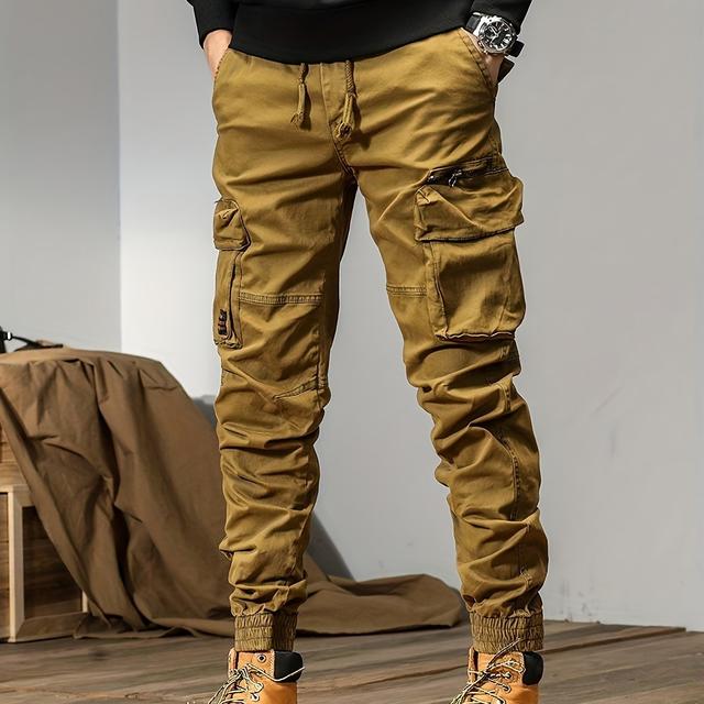 TEMU بنطلون رجالي كارغو 9366 - بنطلون عمل متين متعدد الجيوب، تصميم عادي للاستخدام اليومي والخارجي، ألوان صلبة، ملابس عملية مع جيوب مريحة