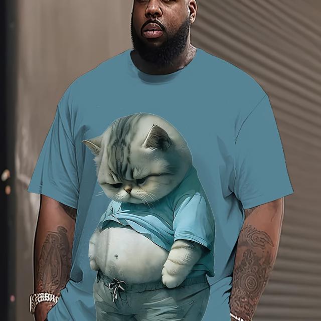 TEMU Neues, lustiges, blaues Katzen-3D-Print-Sport--Oversize-T-Shirt mit Rundhalsausschnitt und kurzen Ärmeln, Plus Size