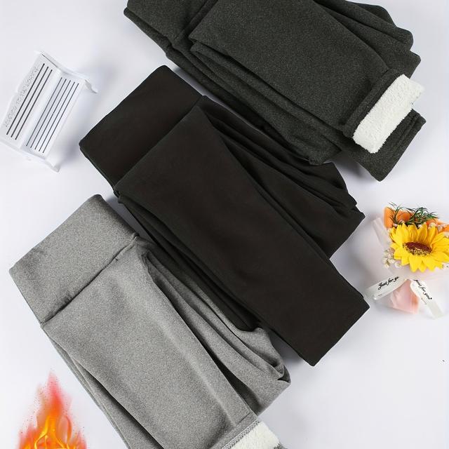 TEMU 3pcs -lined Solid Color Leggings, Autumn/winter Casual Warm High-waist Stretch Leggings, Women's Fashion Apparel