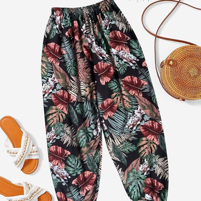 TEMU ' Tropical Leaf Print Joggers - Loose Fit, Elastic Waistband, Non-stretch Fabric, Casual Pants For , Outdoor Play & Casual Attire, Jogging Pants, 's Clothing, Comfortable 's Wear, Outdoor
