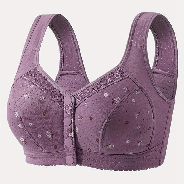 TEMU Elegant Floral Print Wireless Bra - Front Clasp, , Medium Support, No Padding, Adult Women's Undergarment, Comfortable Undergarment | Floral Pattern Bra | Adjustable Strap Design