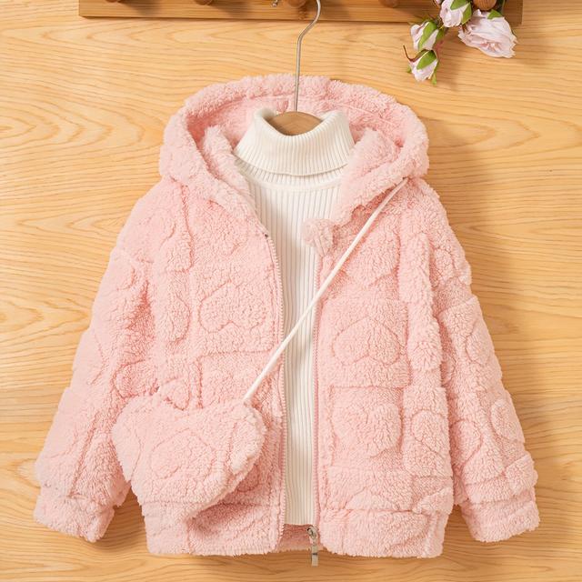 TEMU Hwmfsnhfz Girls' Cozy Fleece Hooded Jacket With Plush Lining, Drop Shoulder Long Sleeve Zipper Front Winter Coat - Solid Color Casual Outerwear For Everyday & Cold Weather
