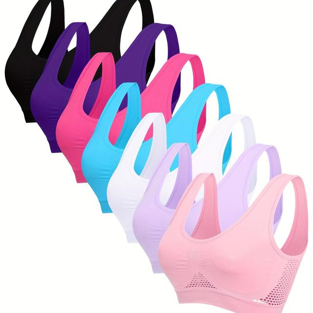 TEMU Juego de 7 sujetadores deportivos para mujer con diseño de malla calada, con de para el busto, para fitness, correr, yoga, chalecos sin espalda, sin aros y transpirables