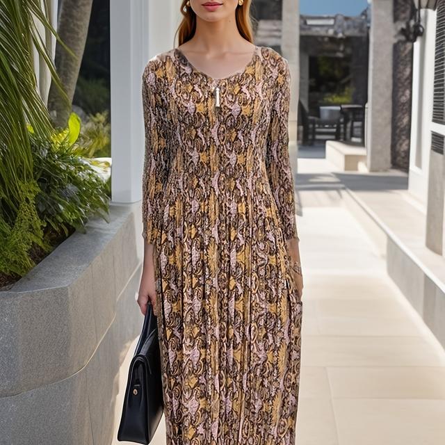 TEMU Maxikleid mit Blumenmuster und Falten, elegantes Kleid mit langen Ärmeln und Rundhalsausschnitt für Frühling und Herbst, Damenbekleidung in Übergröße