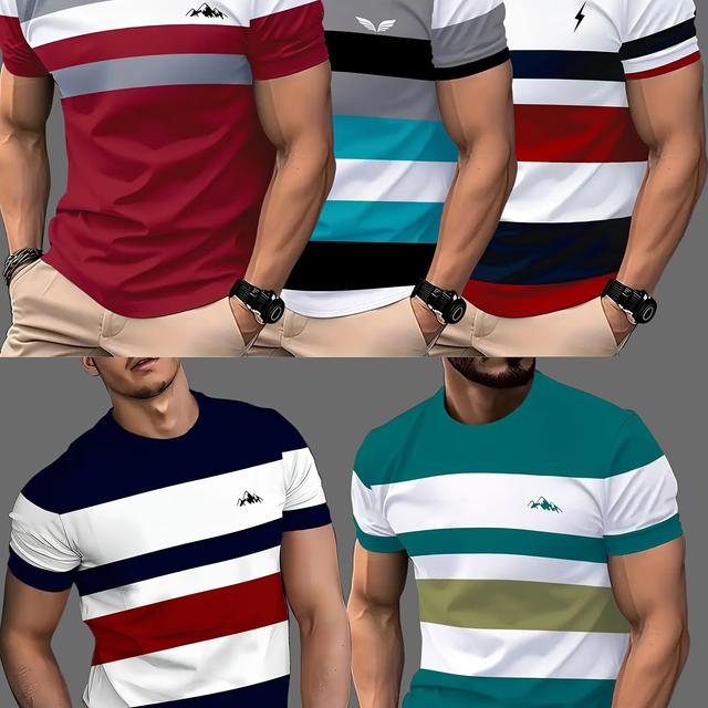 TEMU 5pcs Men's Striped Gradient Crew Neck Short Sleeve T-shirts, Casual Summer Tees For Daily Wear And Vacation