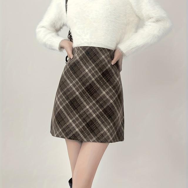 TEMU 秋冬用チェックスカート、多用途で上品なシンプルハイウエストAラインスカート、背中ウエストで着脱簡単、裏地で肌見せ防止、スリムで締め付けない、肌に優しい柔らかい素材