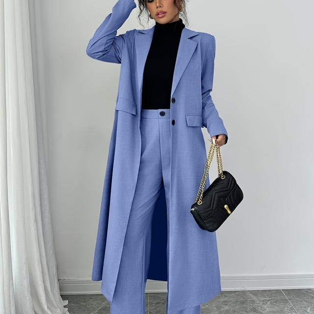 TEMU Women's Casual Straight-leg Suit Pants Set With Long Blazer And Notched Lapel, Solid Color Polyester Outfit For Spring/autumn - Machine Washable