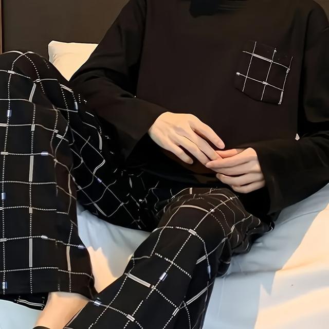 TEMU Pijama de manga larga para hombre, nuevo, para y otoño, conjunto de ropa de estar en y casual disponible con descuento