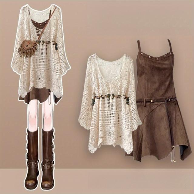 TEMU 女性用秋の服装セット 2025 新しいファッションの空洞ブラウス トなストラップドレス 2点セット