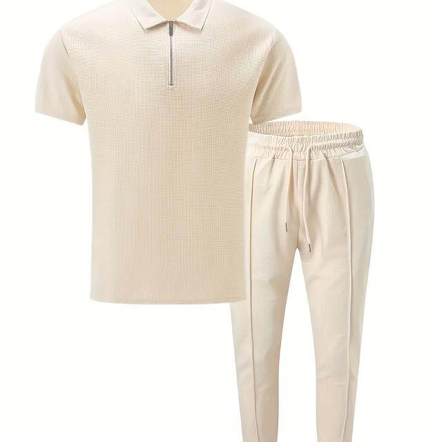 TEMU 2pcs Men's Long Short Sleeved Pants Set, Solid Color Waffle Knit Casual Summer