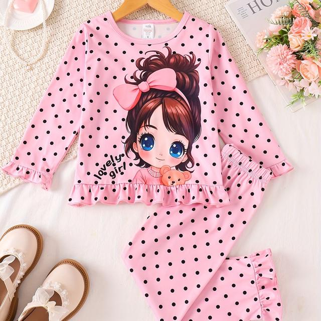 TEMU Adorable Little Girl Pattern Pajama 2pcs Set, Polka Dot Long Sleeve Pants Children's Sleepwear Home Clothes, Flame Retardant Fabric